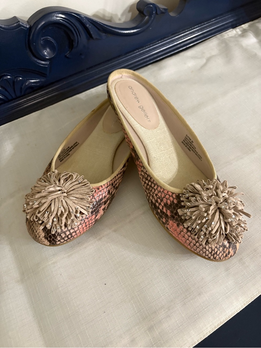 Andrew Geller Pink and Tan Snake-Print Pom Slip-On Flats SIZE 8